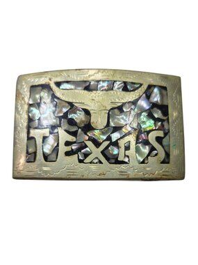 Vtg Texas Belt Buckle Abalone Shell Inlay Western cowboy statement accessory